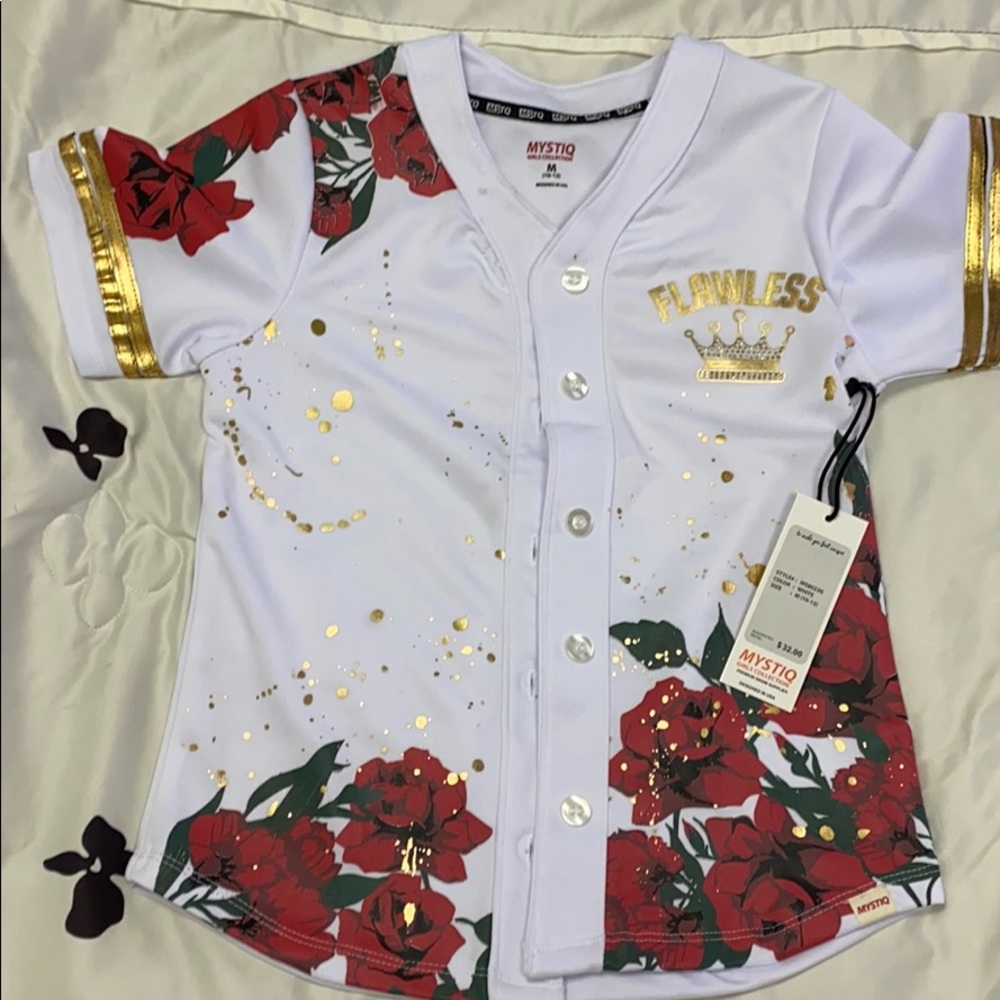 GIRLA FLORAL BASEBALL JERSEY-WHITE/GOLD.